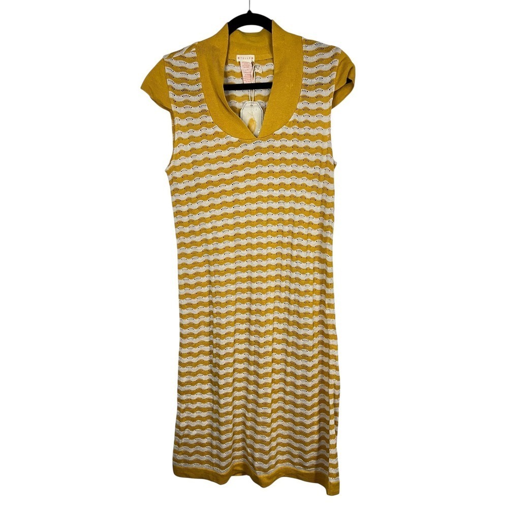 NEW Tulle Women's Gold/White Wavy Pointelle Knit Sleeveless Dress w Slip - Sz M